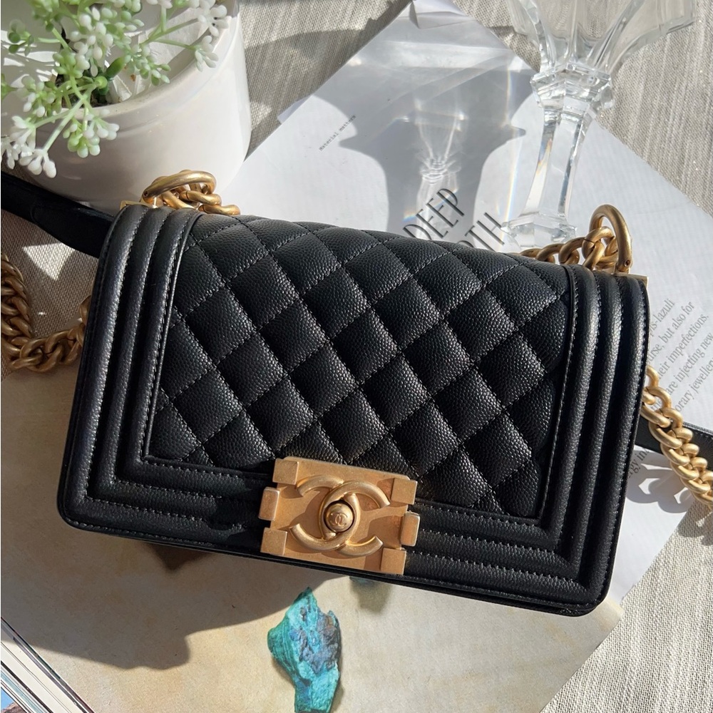 CHANEL Black Quilted Bag with Gold Chain small leboy
